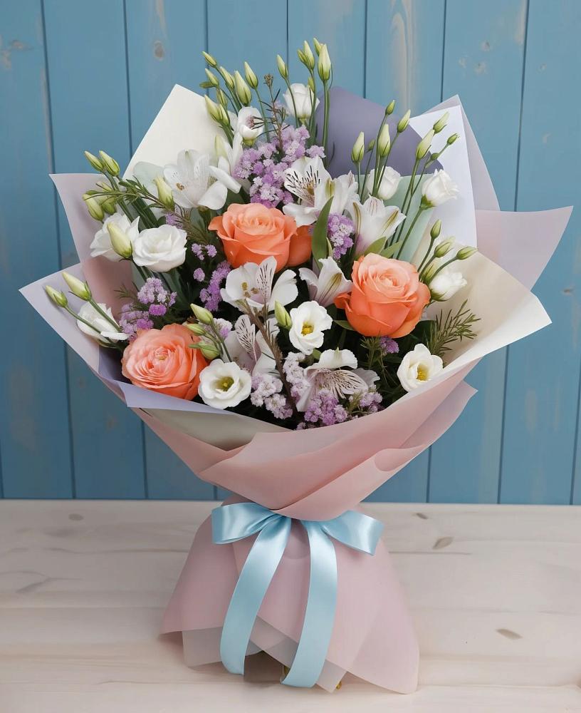 Букет цветов из: Лизиантусы, Розы, Альстромерии и Гипсофила в Курагино