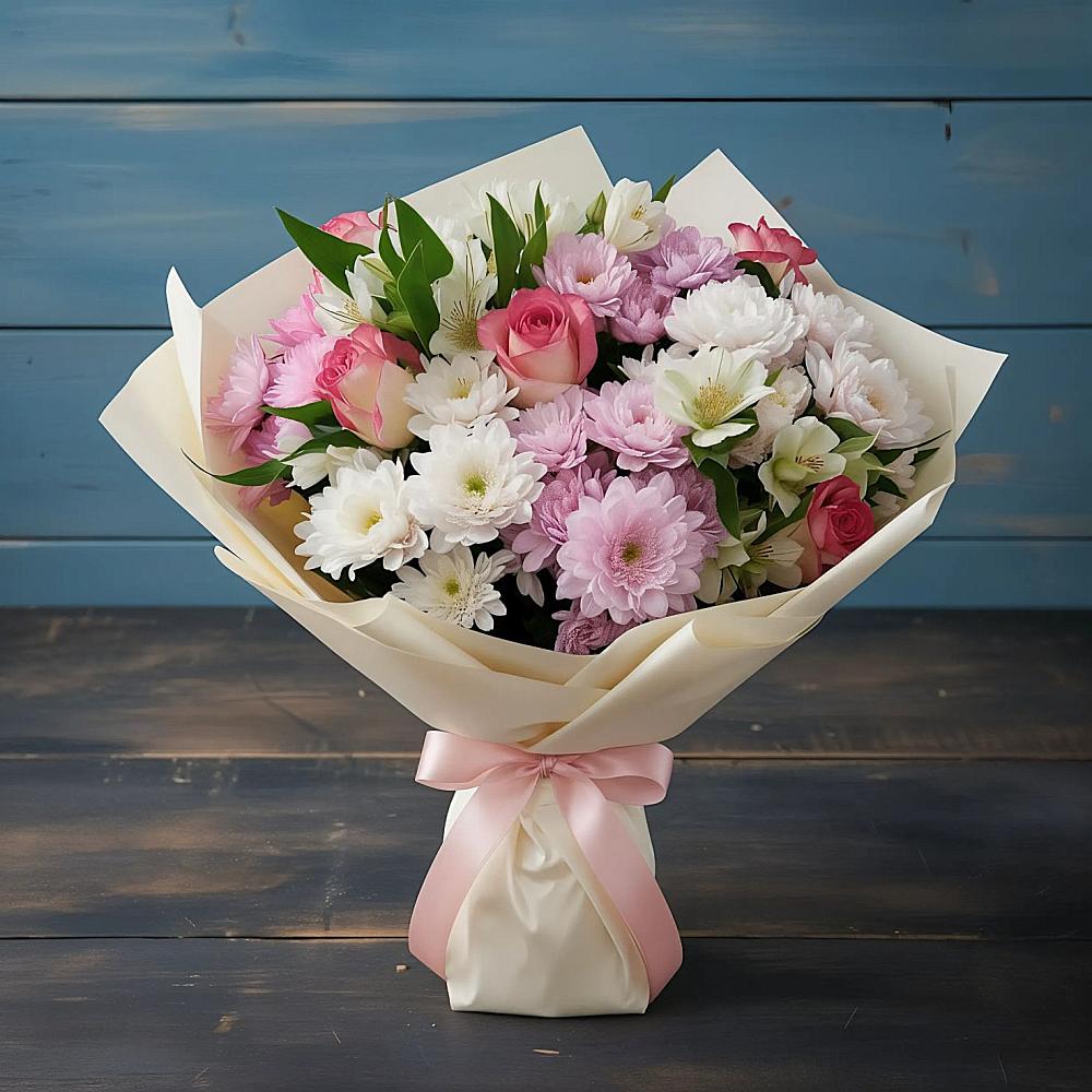 Букет цветов из: Хризантемы, Альстромерии и Розы в Курагино